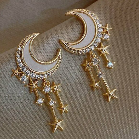 Moon & Stars Earrings Pierced Drop White, Crystal & Gold Tone 1 1/4" NWT M359 - Picture 4 of 4